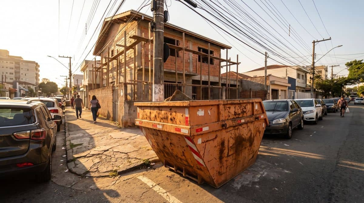 Caçamba estacionada na rua ao lado de uma casa em reforma